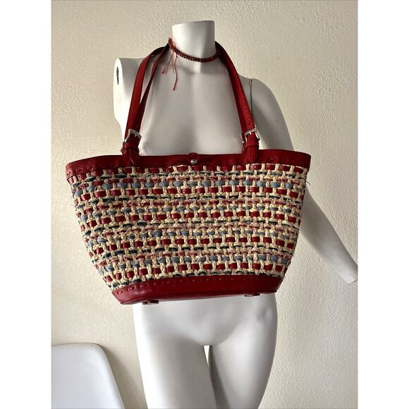 BRIGHTON Woven Red Leather Trim Tote Bag Heart Charm Paisley America RWB USA - Picture 3 of 16